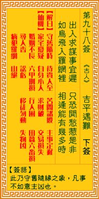 觀音靈籤 第九十八籤: 吉平遇難