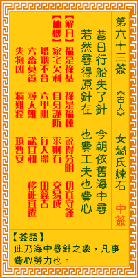 觀音靈籤 第六三籤: 女媧氏煉石