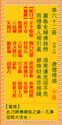 觀音靈籤 第六十二籤: 唐僧得道