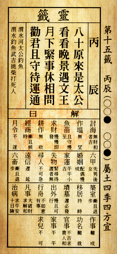 第十五籤 丙辰 屬土利年 四方皆宜