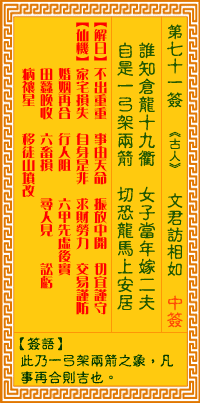 觀音靈籤 第七十一簽: 文君訪相如