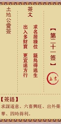 土地公靈籤 第貳拾壹籤 上吉