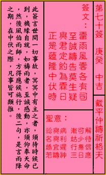 關帝靈籤 第七十籤 庚癸 中吉