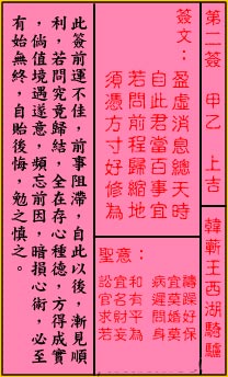 關公靈籤解籤 第二籤 甲乙 上吉