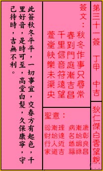 關帝靈籤 第三十一簽 丁甲 中吉