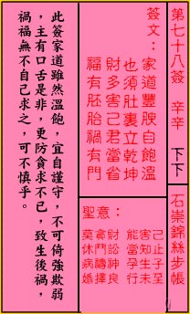 關帝靈籤 第七十八籤 辛辛 下下