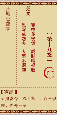 土地公靈籤 第拾玖籤 下下
