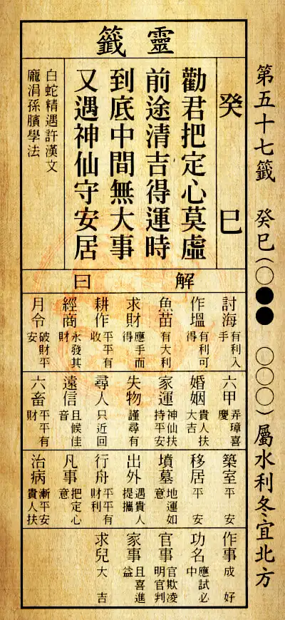 第五十七籤 癸已 屬水利冬 宜其北方