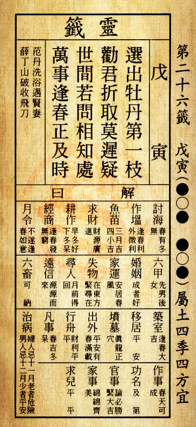 第二十六籤 戊寅 屬土利年 四方皆宜